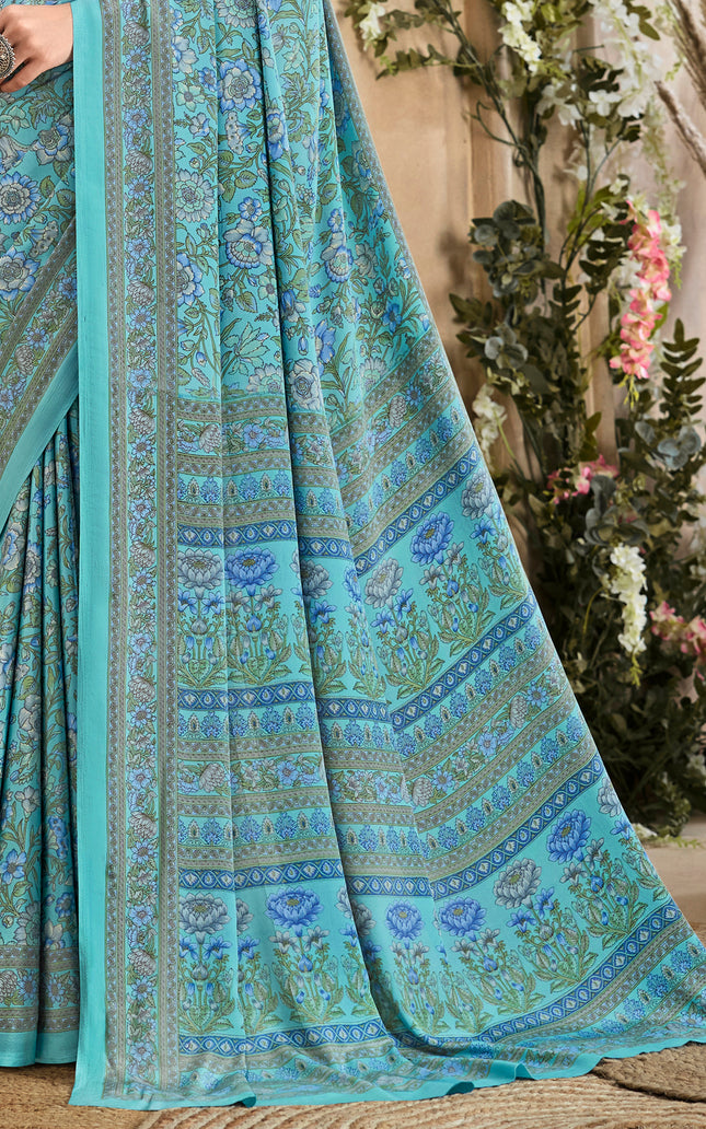 Flower Multi-Coloured Printed, Pure Italian Crape Saree (Auqa Blue)