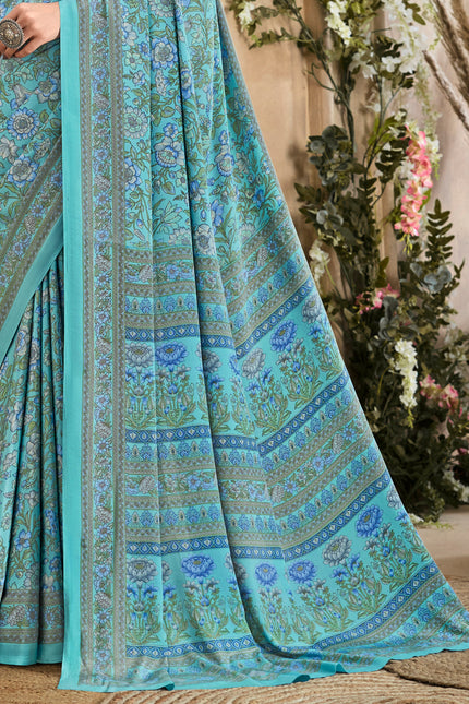 Flower Multi-Coloured Printed, Pure Italian Crape Saree (Auqa Blue)