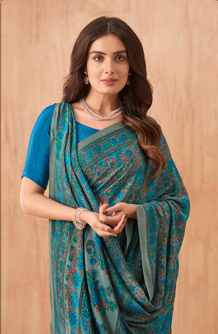 Flower Multi-Coloured Printed, Pure Italian Crape Saree (Blue)