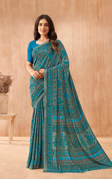 Flower Multi-Coloured Printed, Pure Italian Crape Saree (Blue)