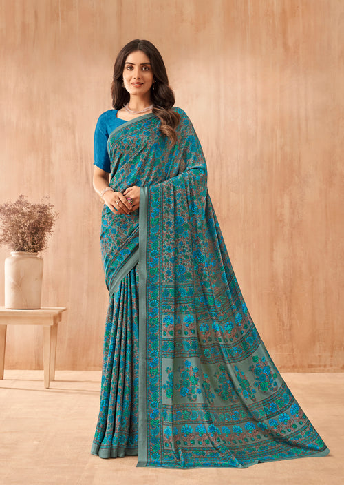 Flower Multi-Coloured Printed, Pure Italian Crape Saree (Blue)