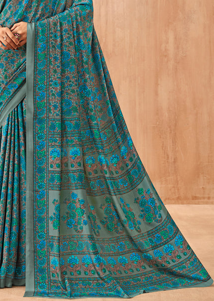 Flower Multi-Coloured Printed, Pure Italian Crape Saree (Blue)