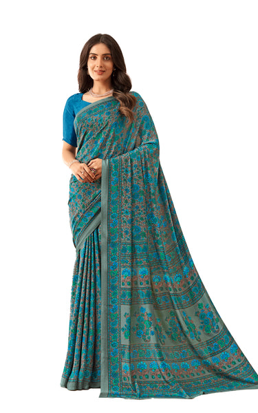 Flower Multi-Coloured Printed, Pure Italian Crape Saree (Blue)