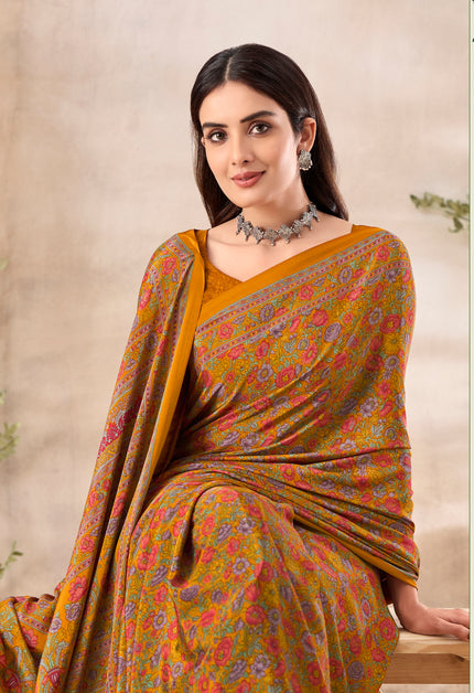 Flower Multi-Coloured Printed, Pure Italian Crape Saree (Orange)