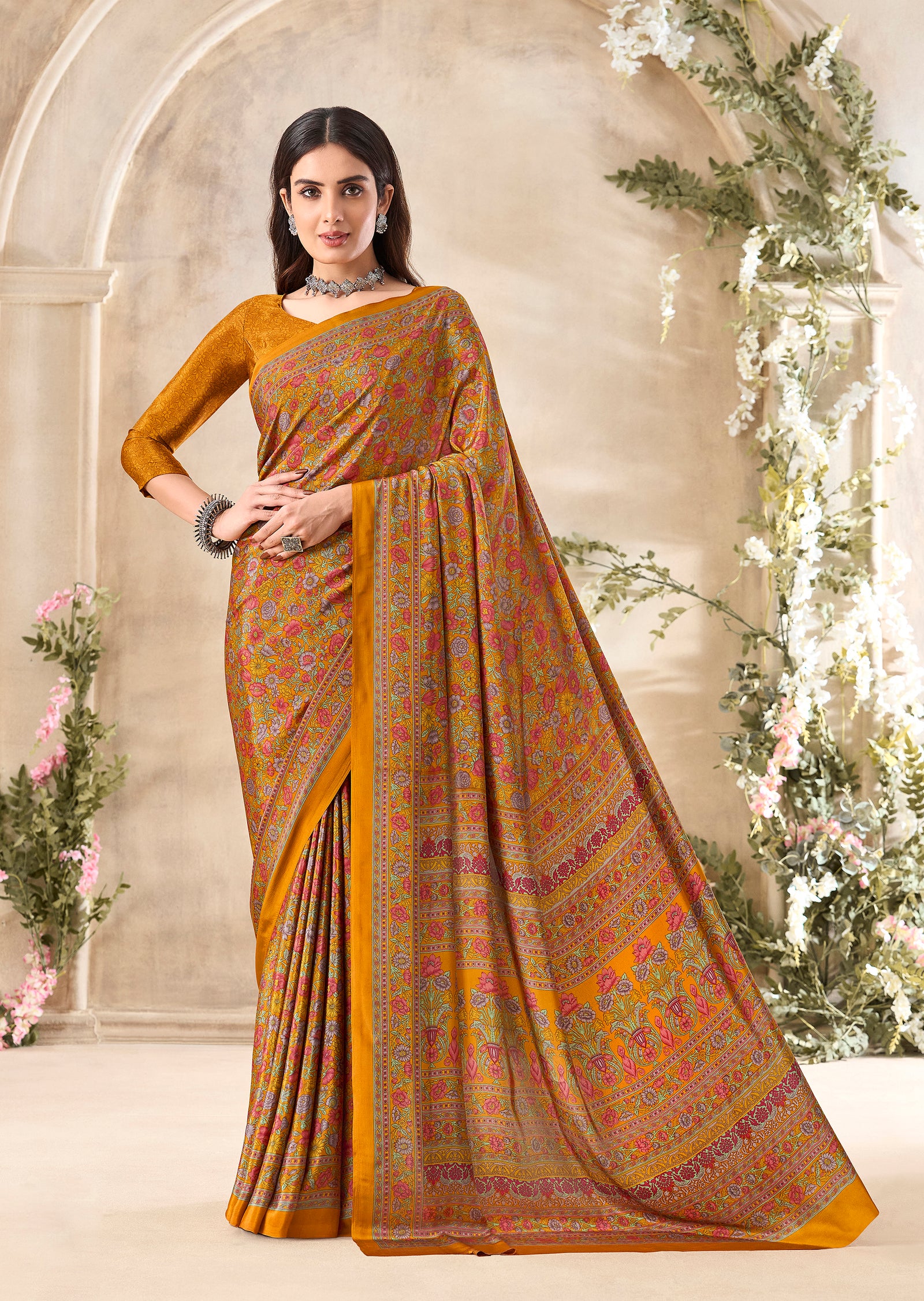 Flower Multi-Coloured Printed, Pure Italian Crape Saree (Orange)