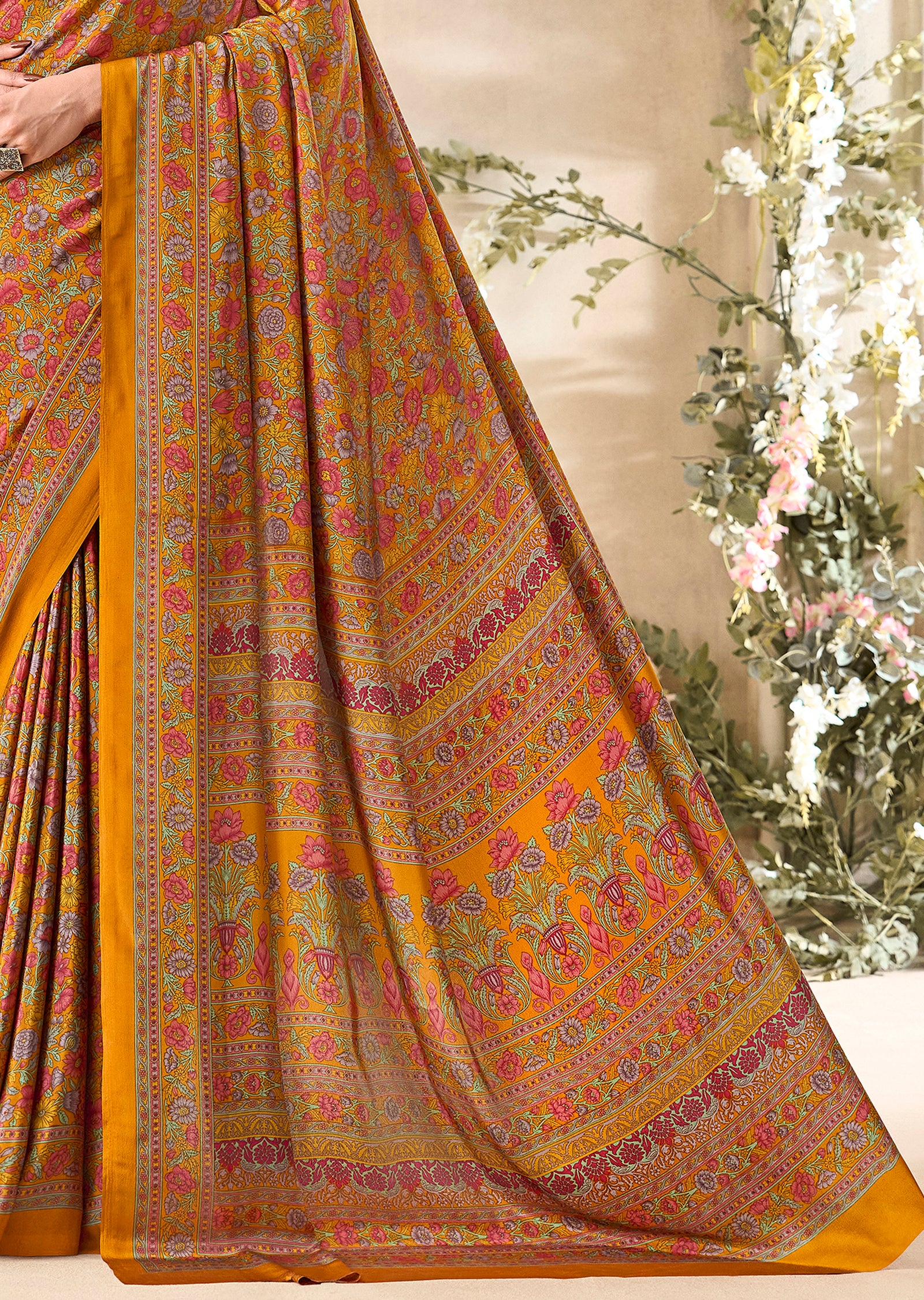 Flower Multi-Coloured Printed, Pure Italian Crape Saree (Orange)