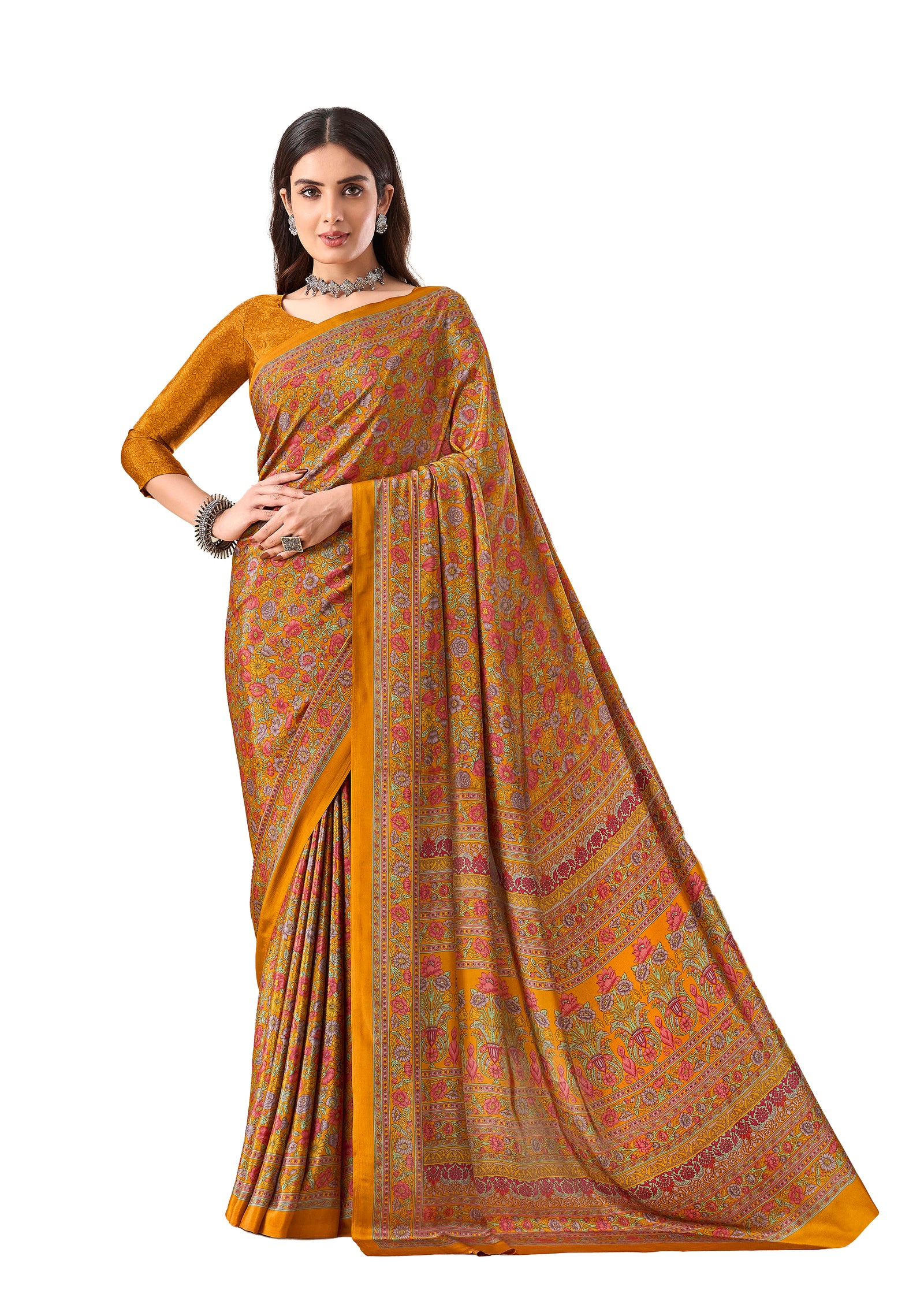 Flower Multi-Coloured Printed, Pure Italian Crape Saree (Orange)