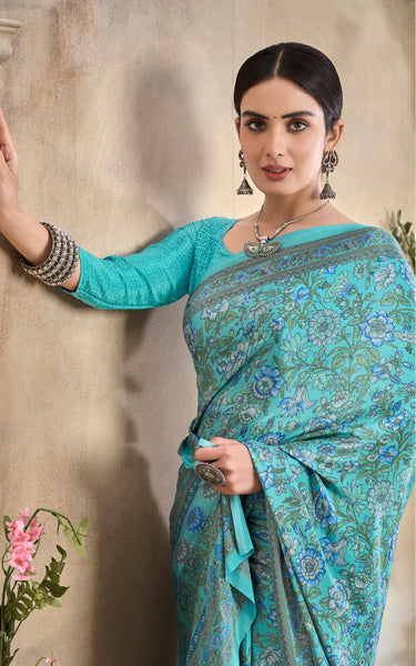 Flower Multi-Coloured Printed, Pure Italian Crape Saree (Auqa Blue)