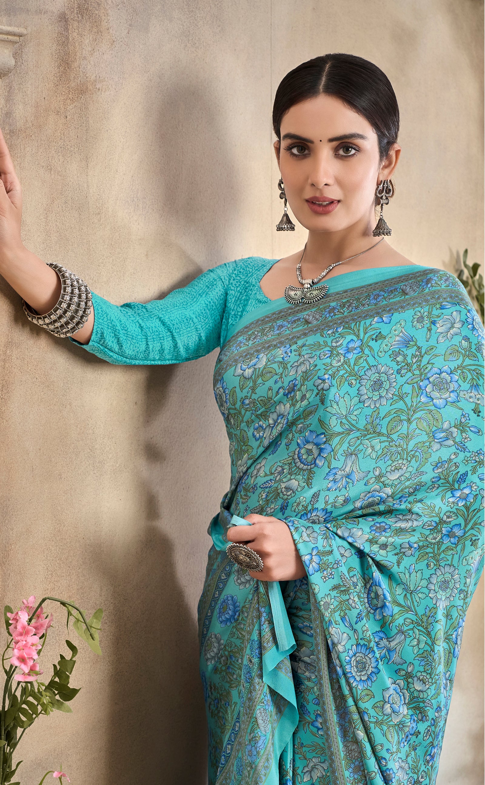 Flower Multi-Coloured Printed, Pure Italian Crape Saree (Auqa Blue)