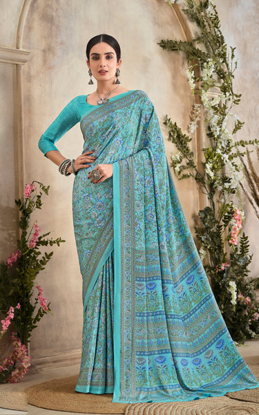 Flower Multi-Coloured Printed, Pure Italian Crape Saree (Auqa Blue)