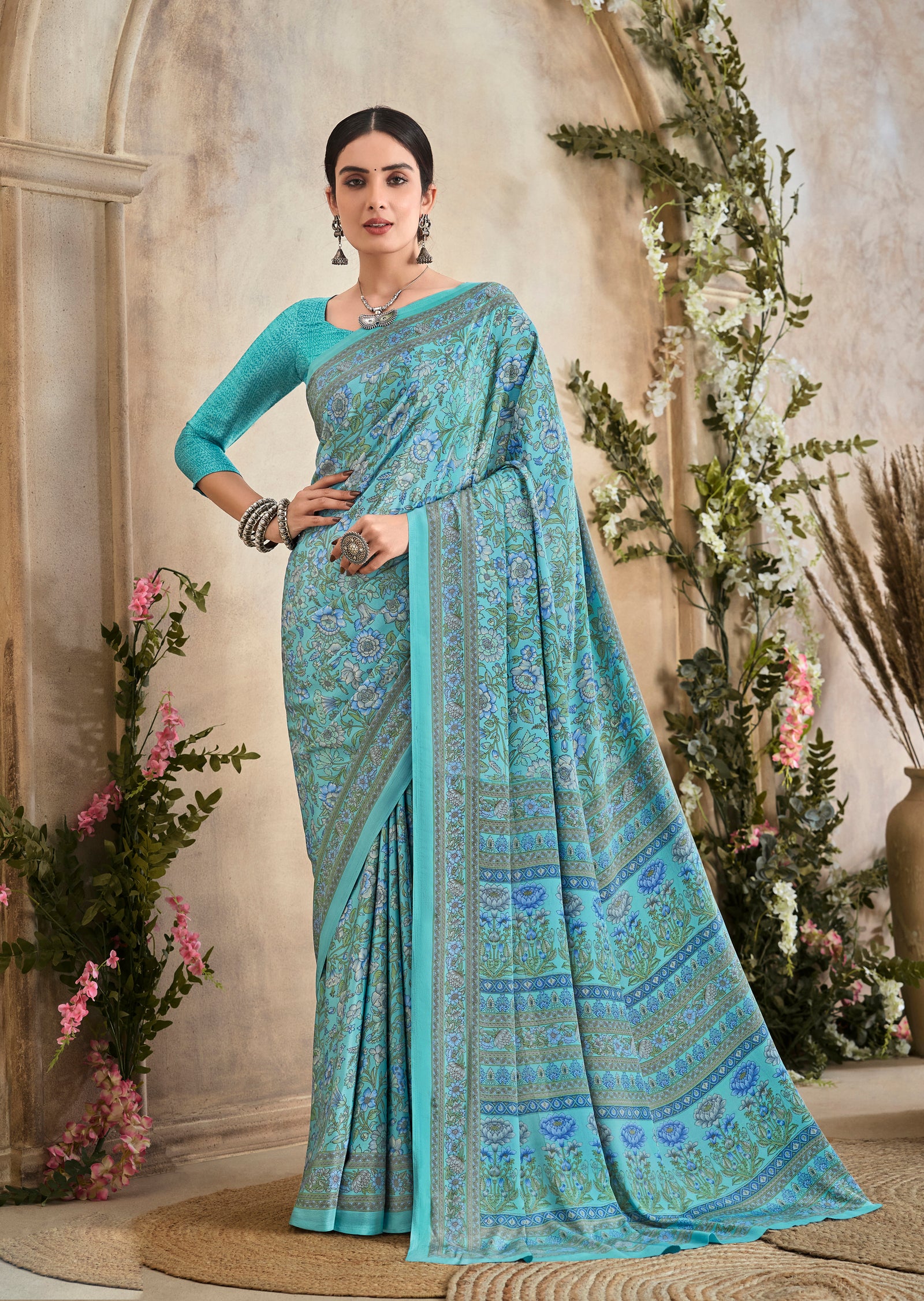 Flower Multi-Coloured Printed, Pure Italian Crape Saree (Auqa Blue)