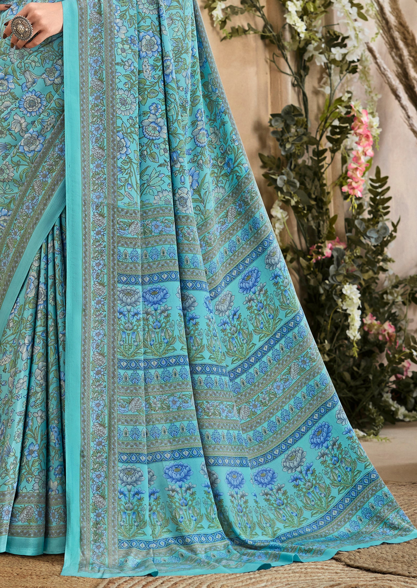 Flower Multi-Coloured Printed, Pure Italian Crape Saree (Auqa Blue)