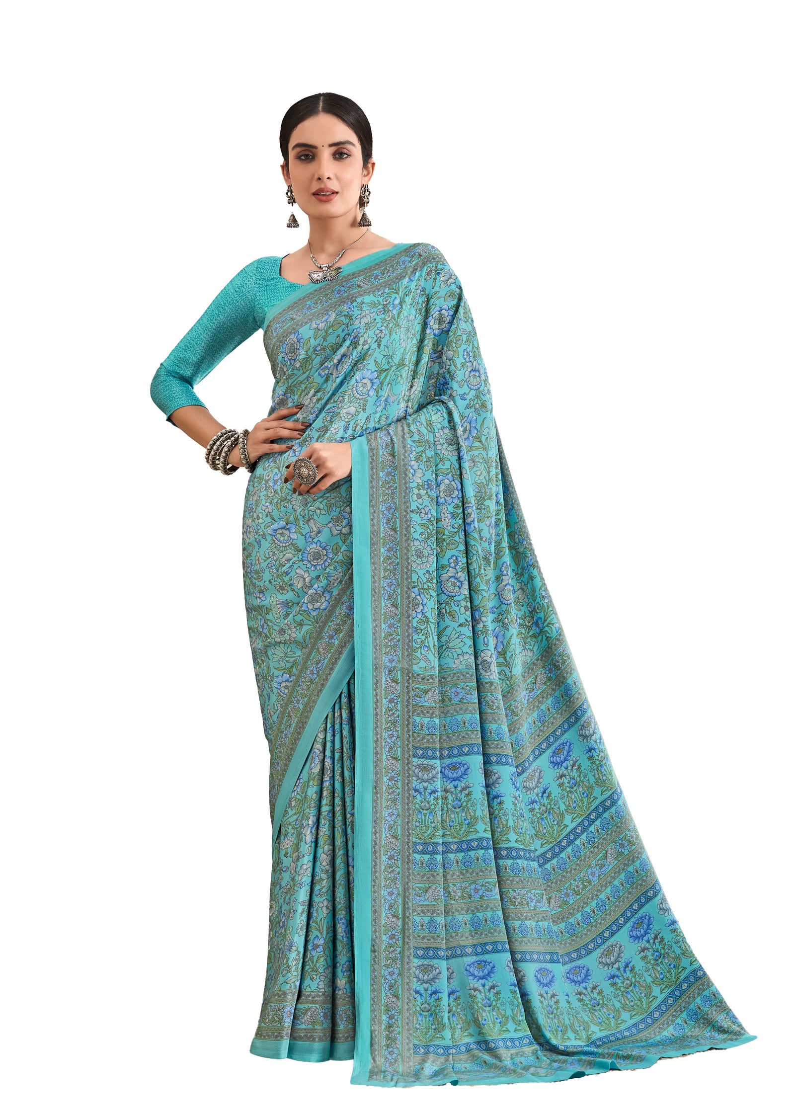 Flower Multi-Coloured Printed, Pure Italian Crape Saree (Auqa Blue)
