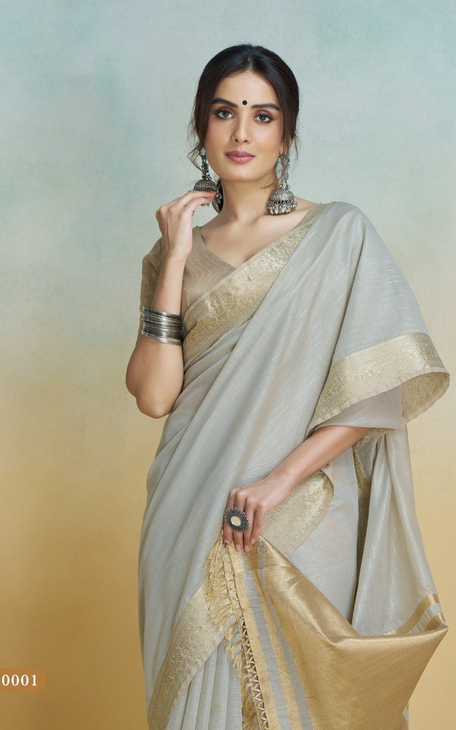 Banarasi Border, Pure Handloom Khadi silk, With Chit Pallu And Tassels (Silver)