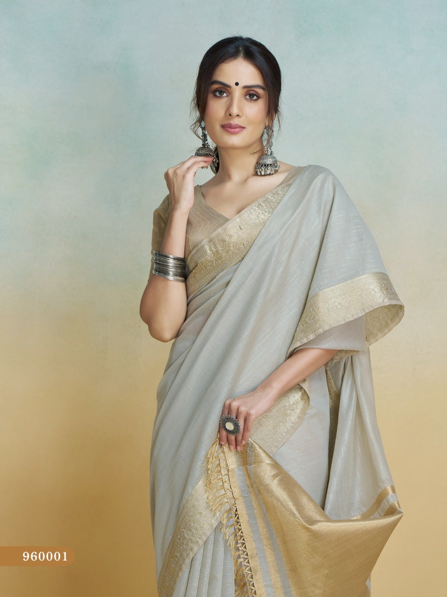 Banarasi Border, Pure Handloom Khadi Silk With Chit Pallu & Tassels (Silver)