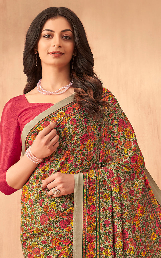 Flower Multi-Coloured Printed, Pure Italian Crape Saree (orange)