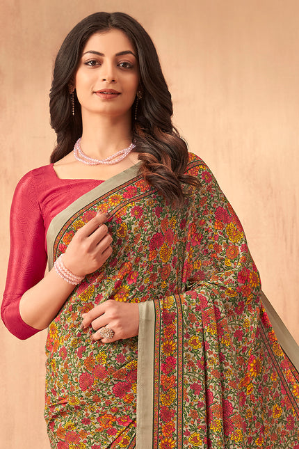 Flower Multi-Coloured Printed, Pure Italian Crape Saree (orange)