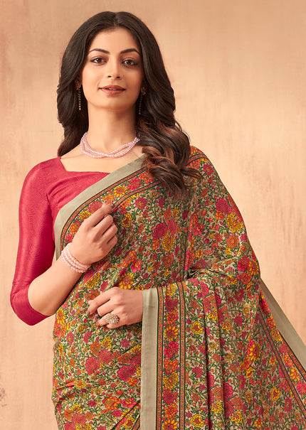Flower Multi-Coloured Printed, Pure Italian Crape Saree (orange)