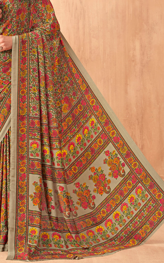 Flower Multi-Coloured Printed, Pure Italian Crape Saree (orange)