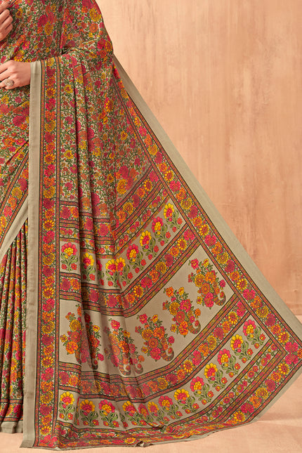 Flower Multi-Coloured Printed, Pure Italian Crape Saree (orange)