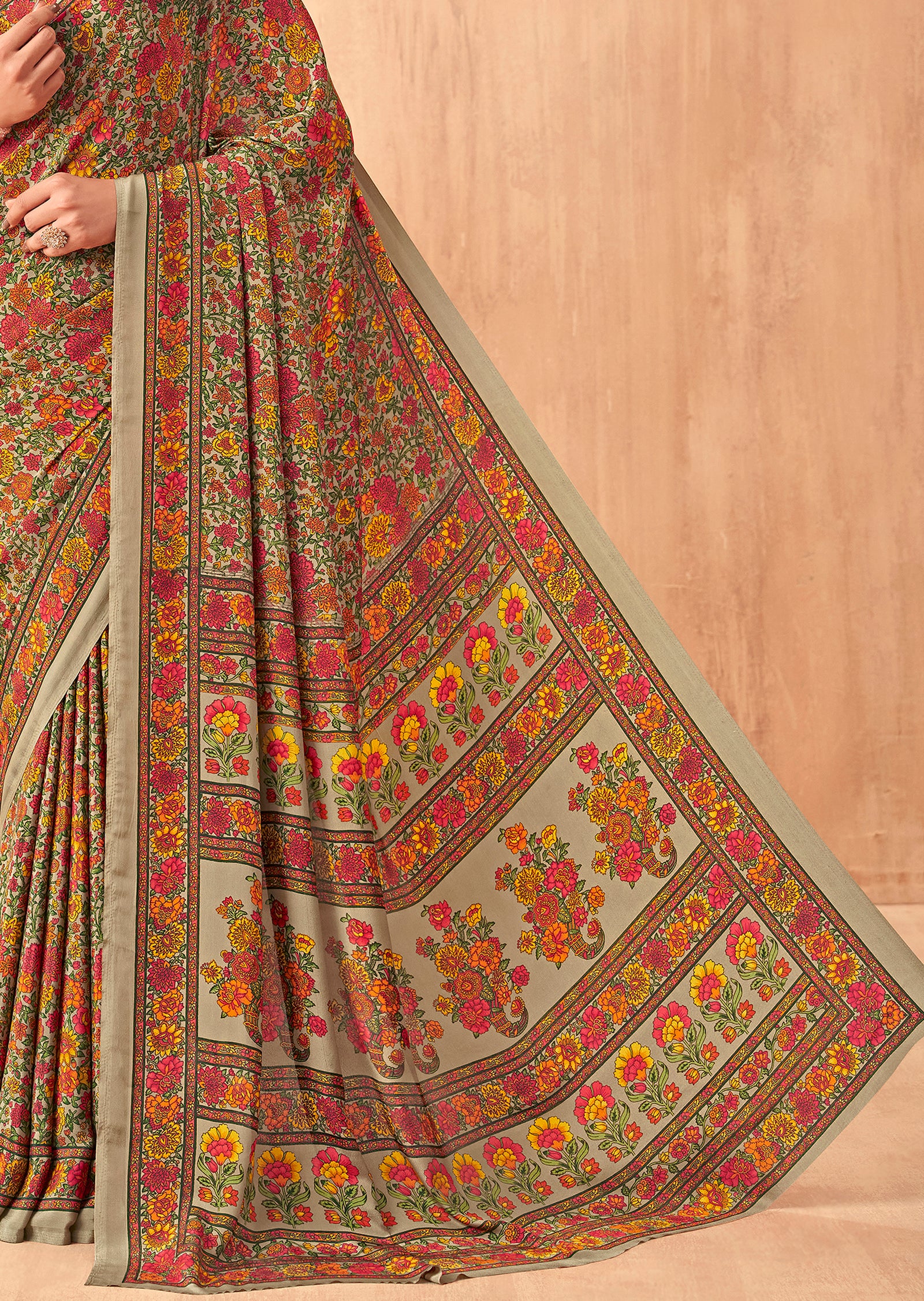 Flower Multi-Coloured Printed, Pure Italian Crape Saree (Orange)