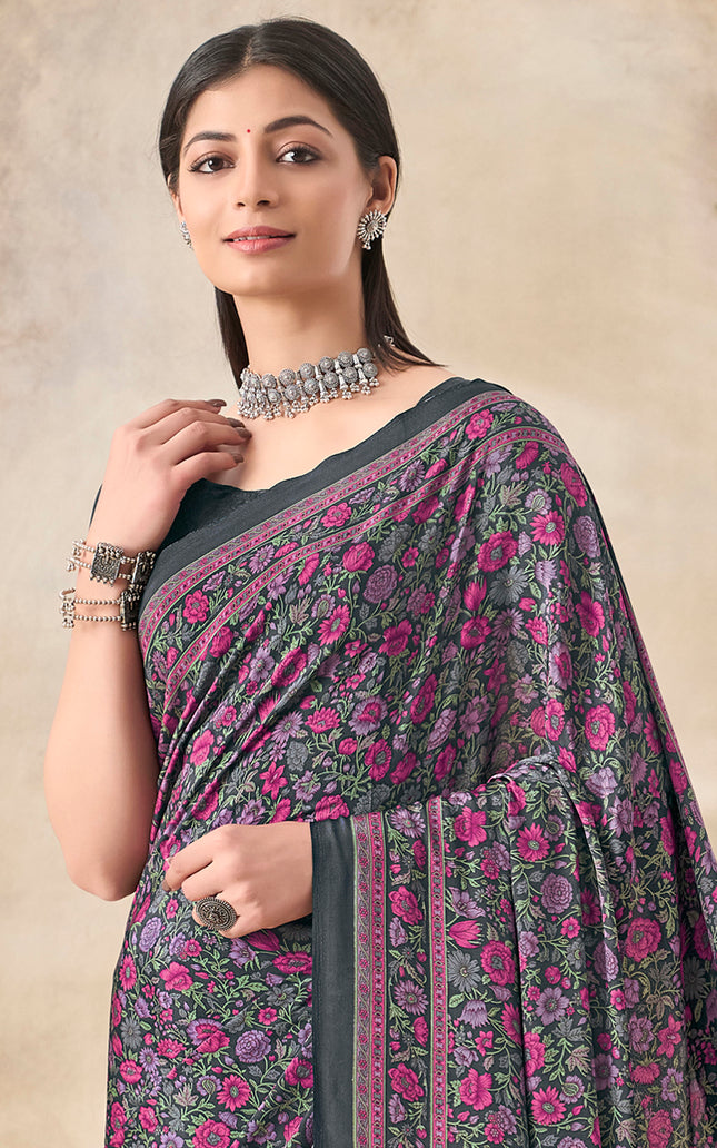 Flower Multi-Coloured Printed, Pure Italian Crape Saree (Rust)