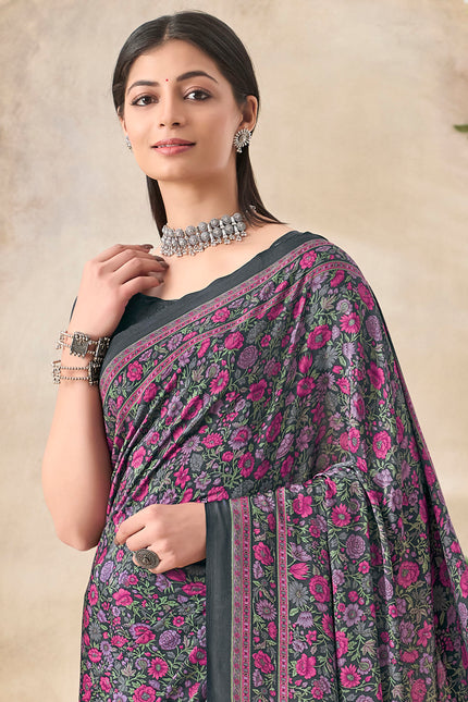 Flower Multi-Coloured Printed, Pure Italian Crape Saree (Rust)