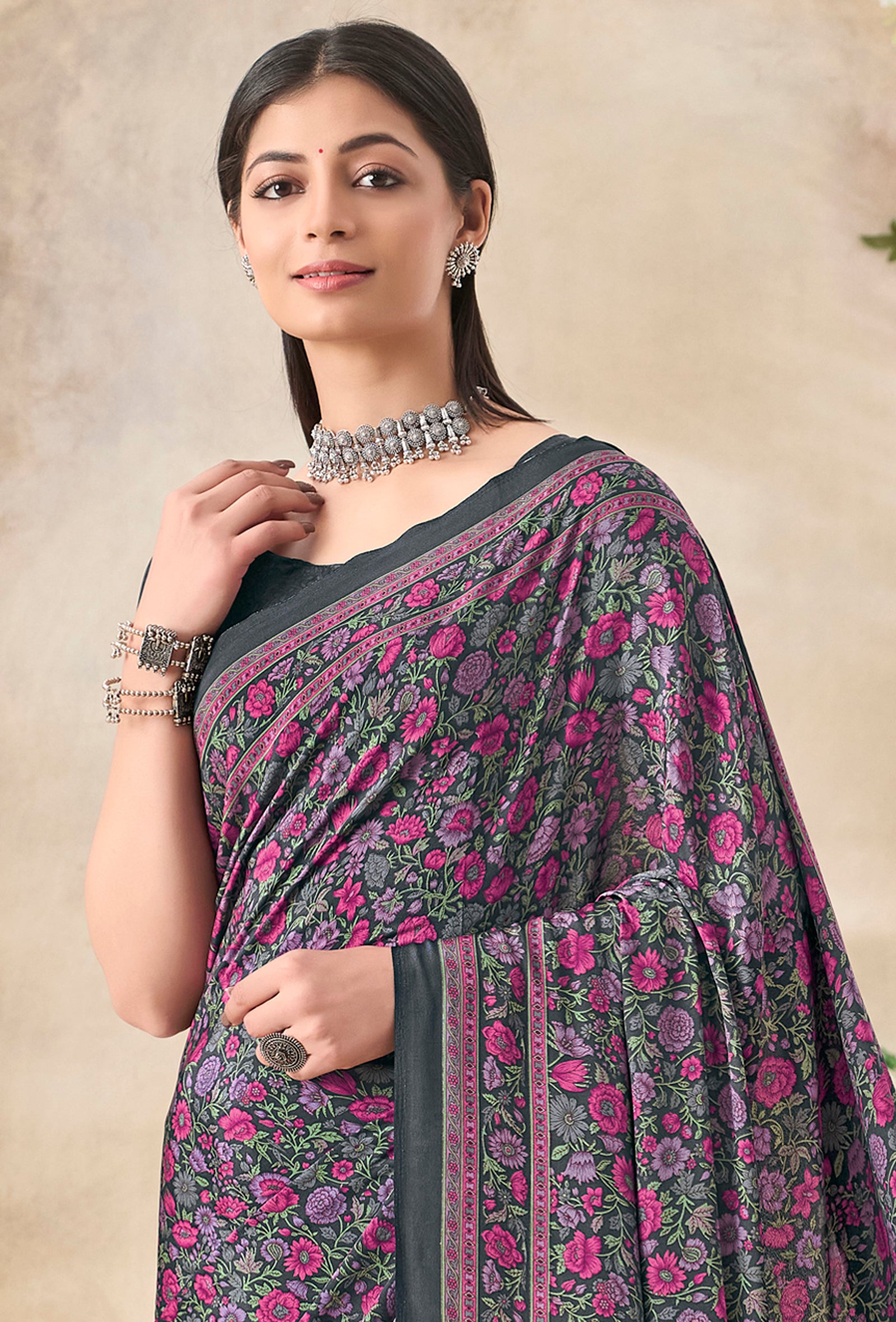 Flower Multi-Coloured Printed, Pure Italian Crape Saree (Rust)