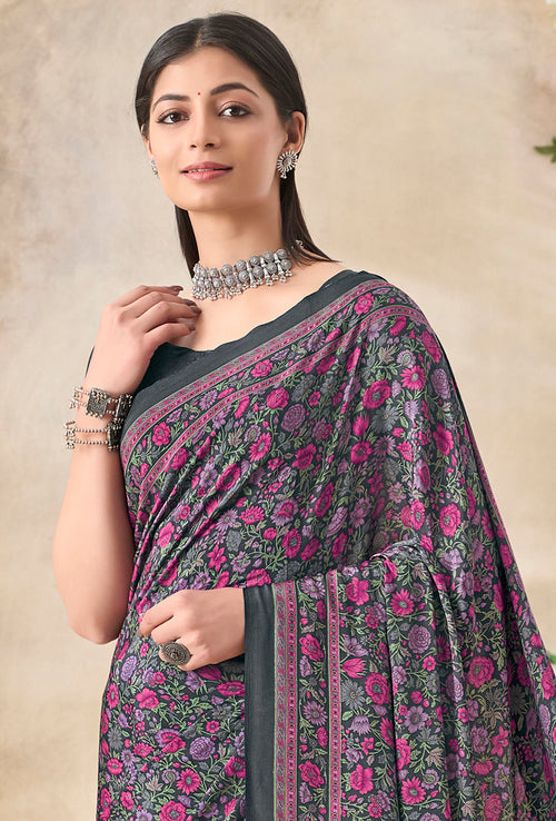 Flower Multi-Coloured Printed, Pure Italian Crape Saree (Rust)