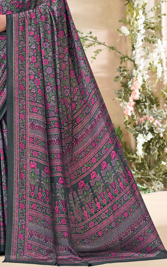 Flower Multi-Coloured Printed, Pure Italian Crape Saree (Rust)