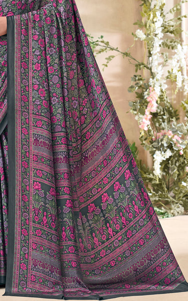 Flower Multi-Coloured Printed, Pure Italian Crape Saree (Rust)