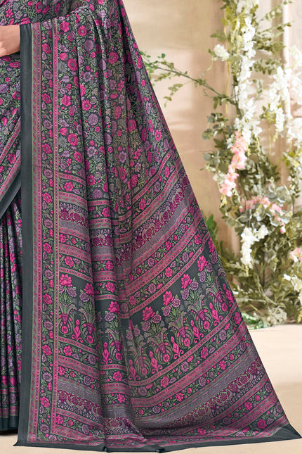Flower Multi-Coloured Printed, Pure Italian Crape Saree (Rust)