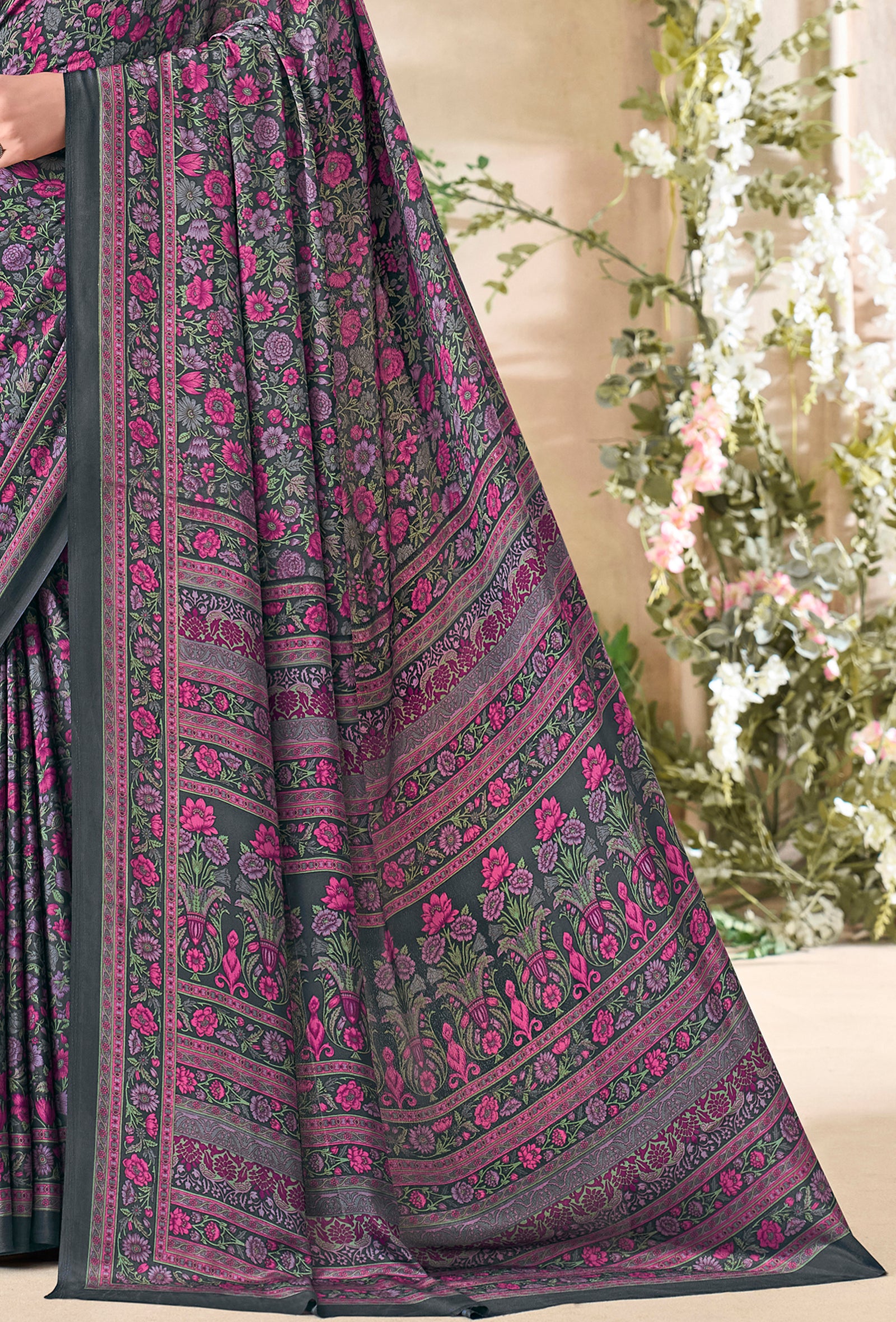 Flower Multi-Coloured Printed, Pure Italian Crape Saree (Rust)