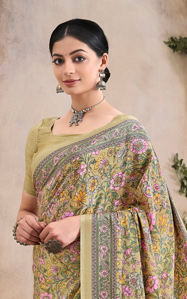 Flower Multi-Coloured Printed, Pure Italian Crape Saree (Beige)