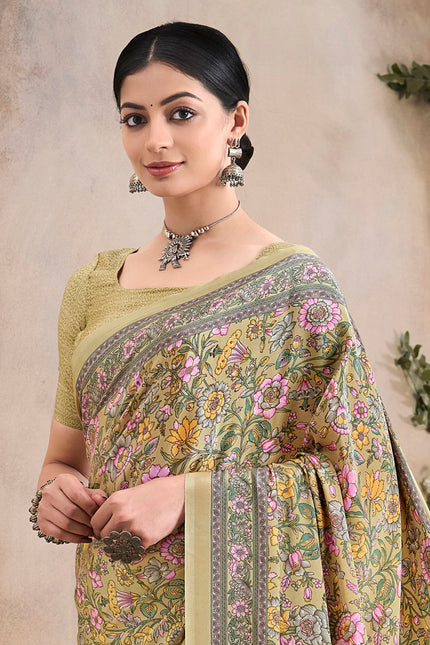 Flower Multi-Coloured Printed, Pure Italian Crape Saree (Beige)