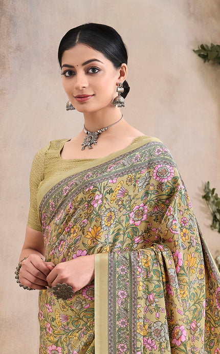 Flower Multi-Coloured Printed, Pure Italian Crape Saree (Beige)