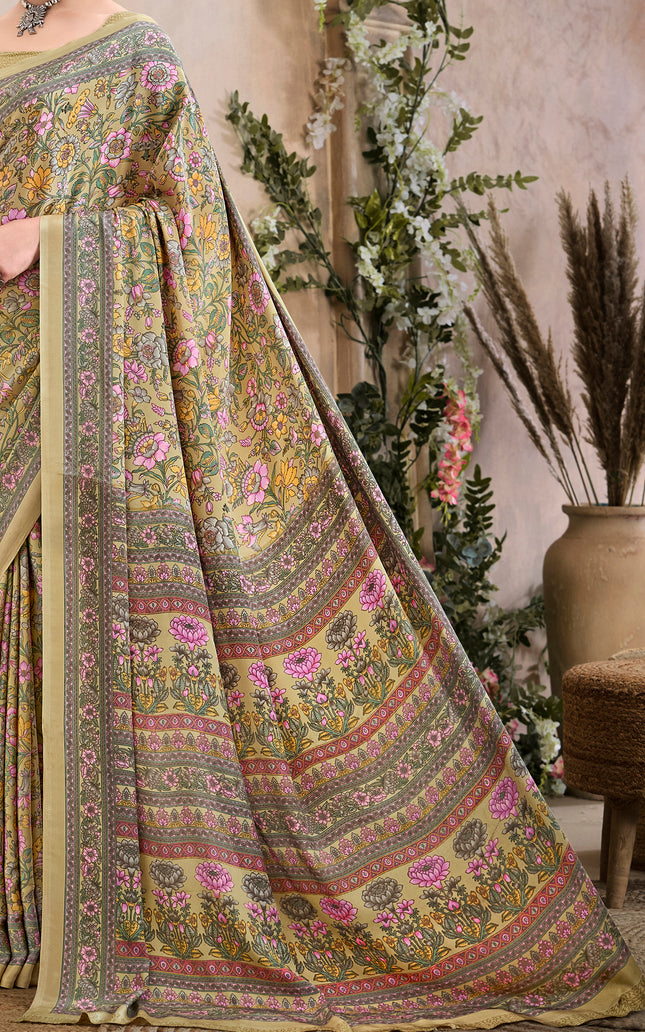 Flower Multi-Coloured Printed, Pure Italian Crape Saree (Beige)