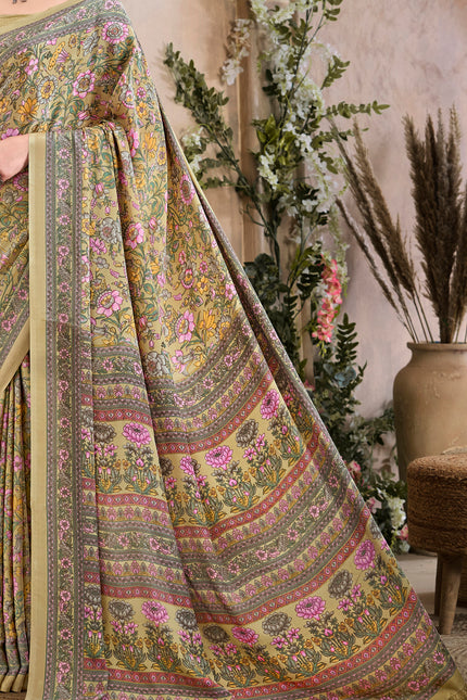 Flower Multi-Coloured Printed, Pure Italian Crape Saree (Beige)