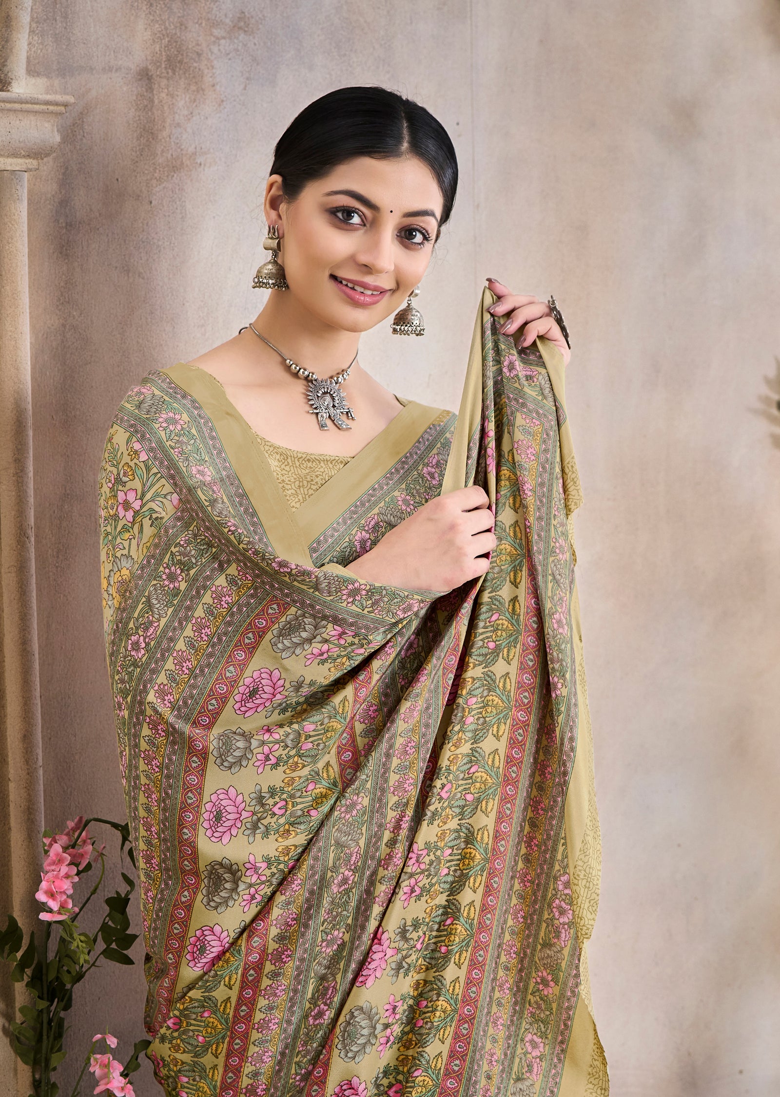 Flower Multi-Coloured Printed, Pure Italian Crape Saree (Beige)
