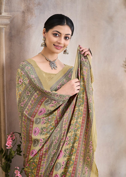 Flower Multi-Coloured Printed, Pure Italian Crape Saree (Beige)