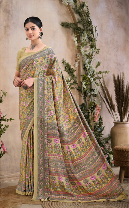 Flower Multi-Coloured Printed, Pure Italian Crape Saree (Beige)