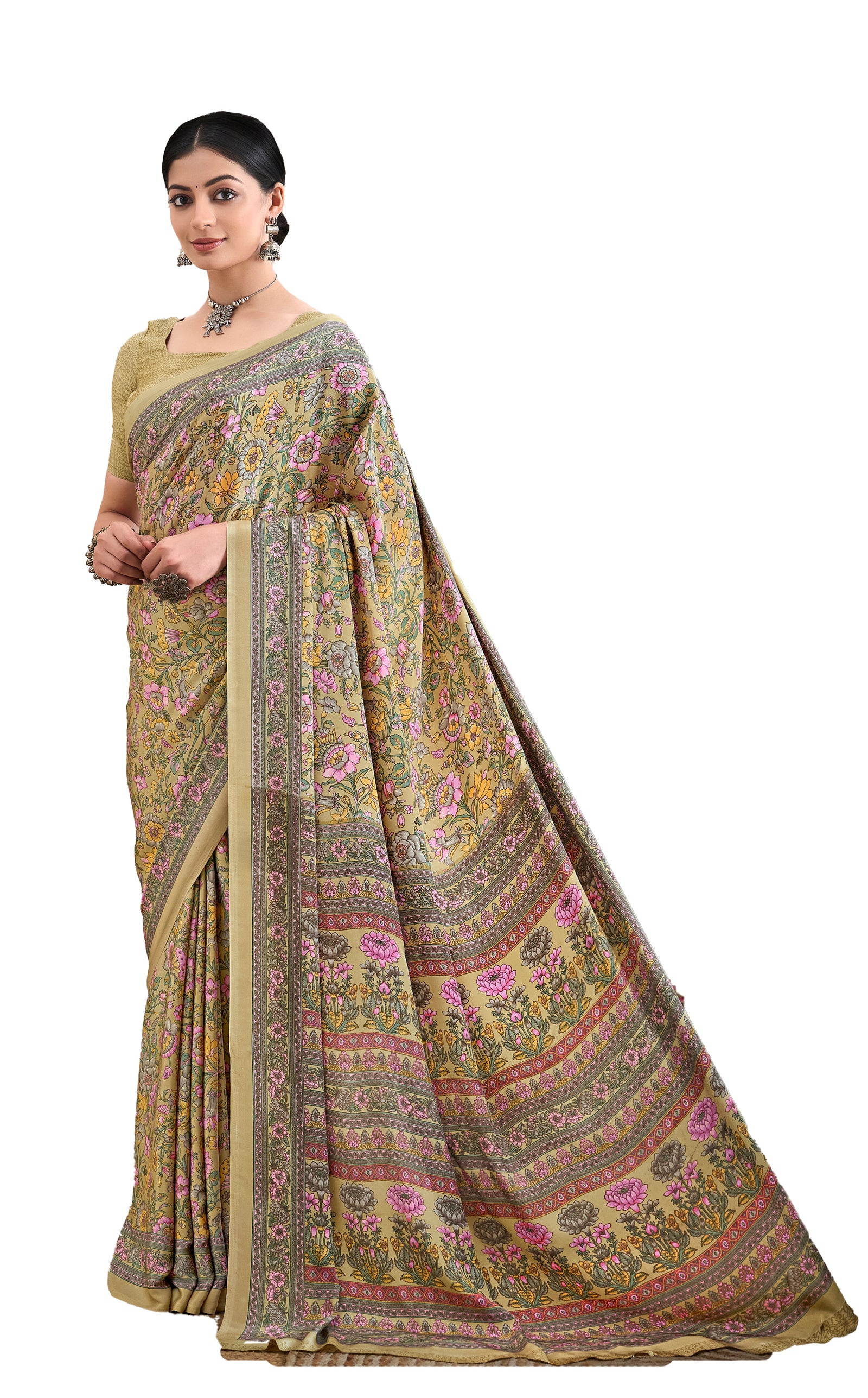 Flower Multi-Coloured Printed, Pure Italian Crape Saree (Beige)
