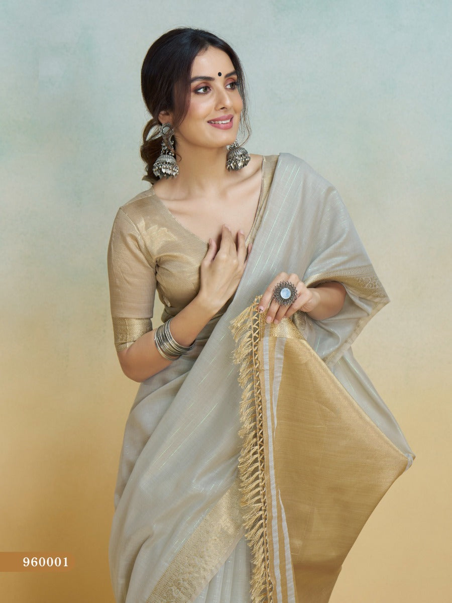 Banarasi Border, Pure Handloom Khadi Silk With Chit Pallu & Tassels (Silver)