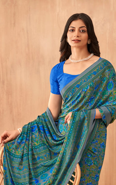 Flower Multi-Coloured Printed, Pure Italian Crape Saree (Blue)
