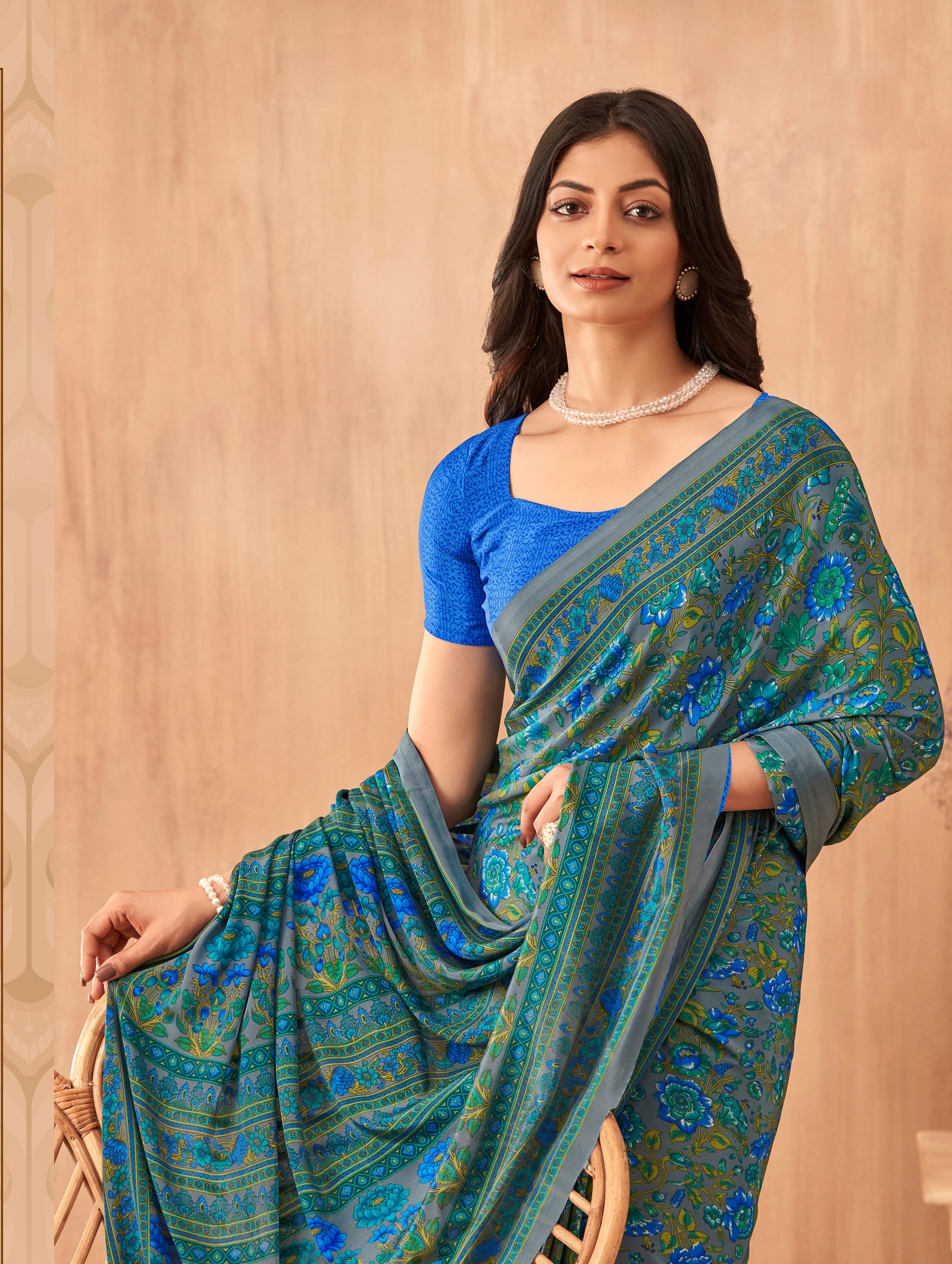Flower Multi-Coloured Printed, Pure Italian Crape Saree (Blue)