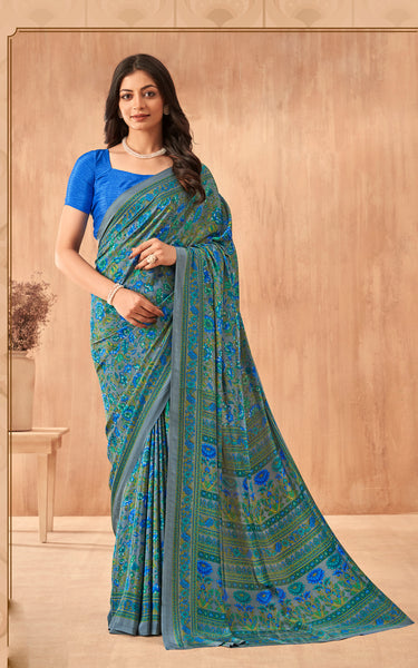 Flower Multi-Coloured Printed, Pure Italian Crape Saree (Blue)