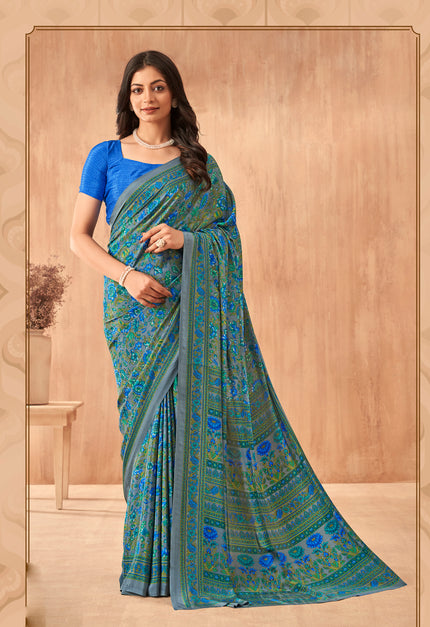 Flower Multi-Coloured Printed, Pure Italian Crape Saree (Blue)