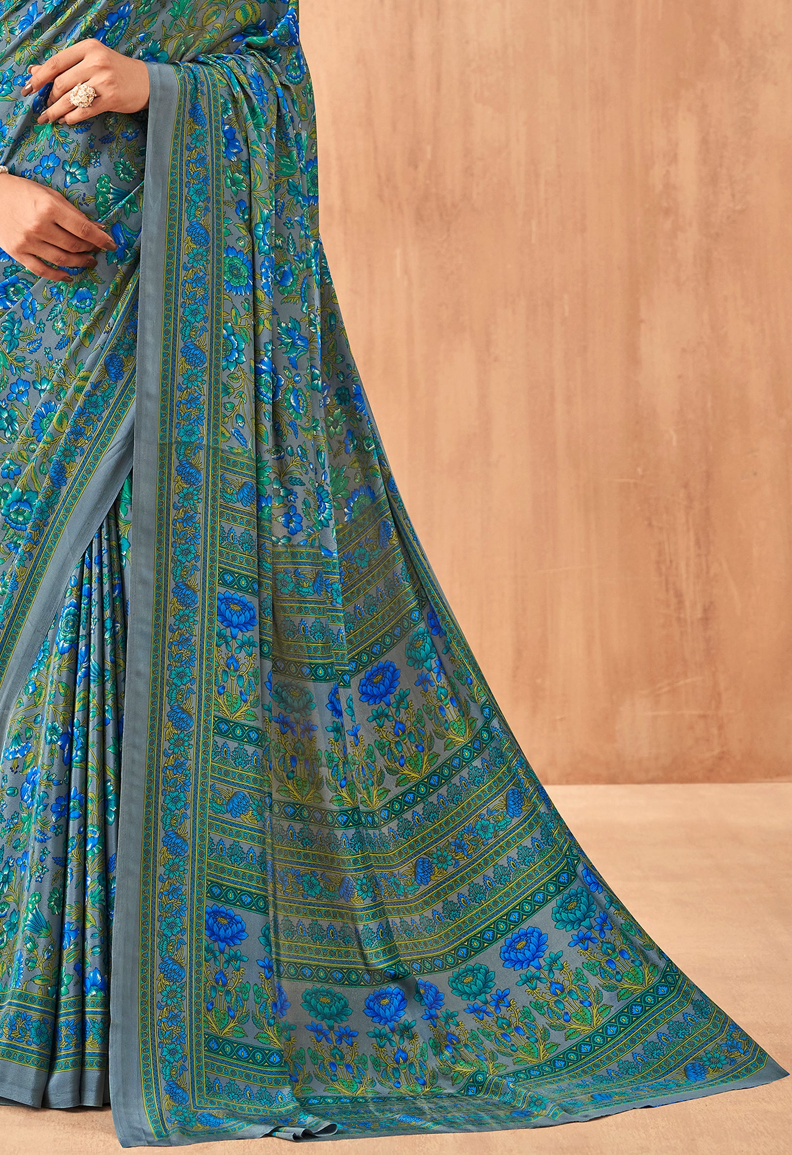 Flower Multi-Coloured Printed, Pure Italian Crape Saree (Blue)