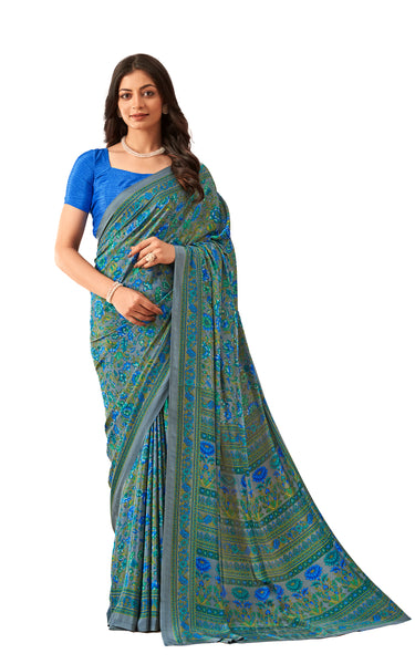Flower Multi-Coloured Printed, Pure Italian Crape Saree (Blue)