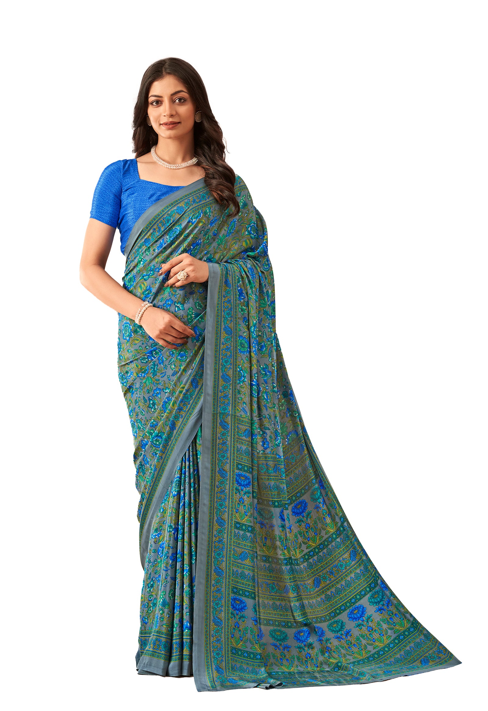 Flower Multi-Coloured Printed, Pure Italian Crape Saree (Blue)